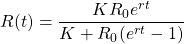 R(t) = \dfrac{K R_0 e^{r t}}{K + R_0 (e^{r t} - 1)}
