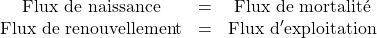 \begin{array}{ccc} \text{Flux de naissance} &= &\text{Flux de mortalit}\acute{\mathrm{e}} \\ \text{Flux de renouvellement} &= &\text{Flux d}^\prime \text{exploitation} \end{array}