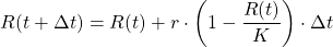 R( t + \Delta t ) = R(t) + r \cdot \left( 1 - \dfrac{R(t)}{K} \right)  \cdot \Delta t